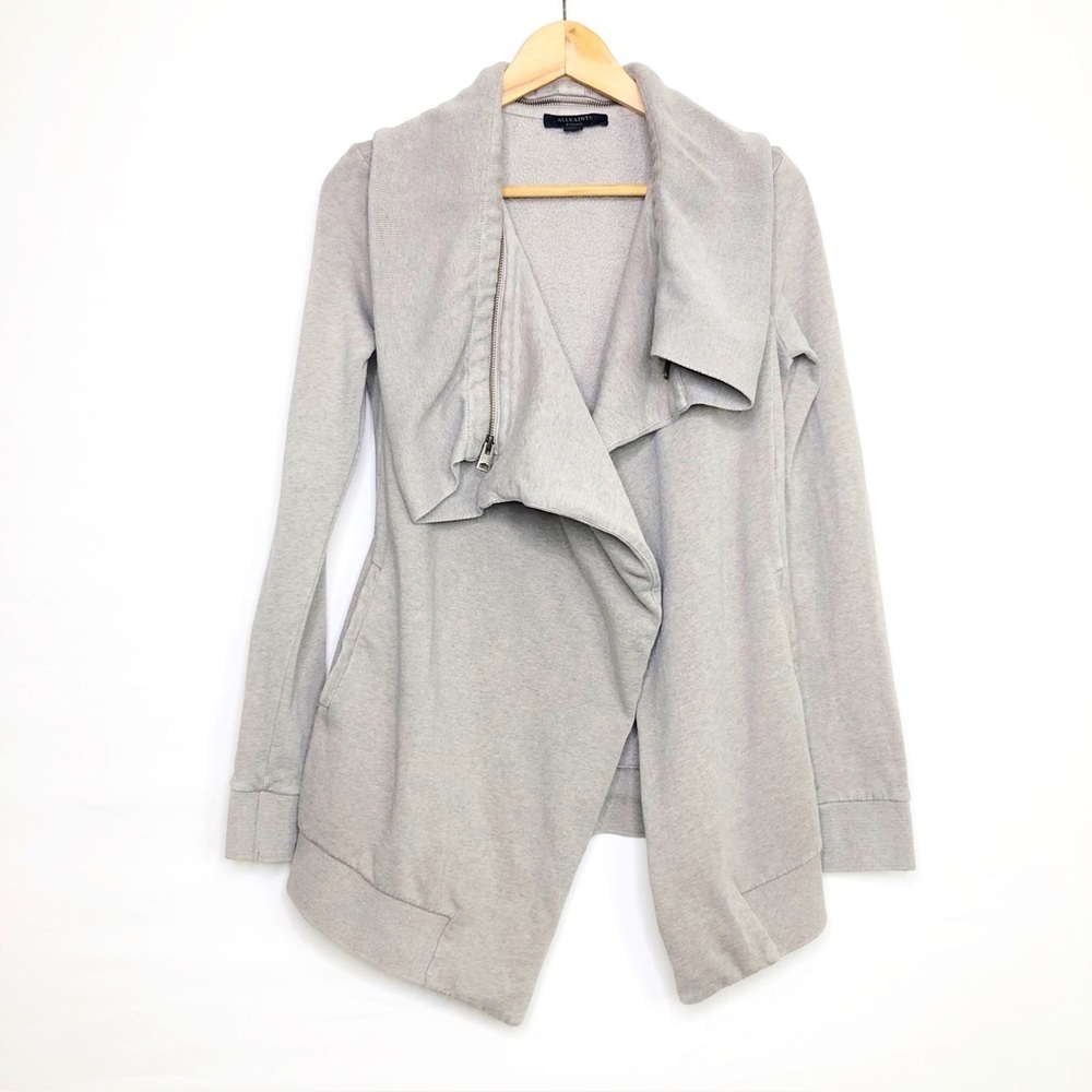 All Saints grey diagonal, open closure jacket
